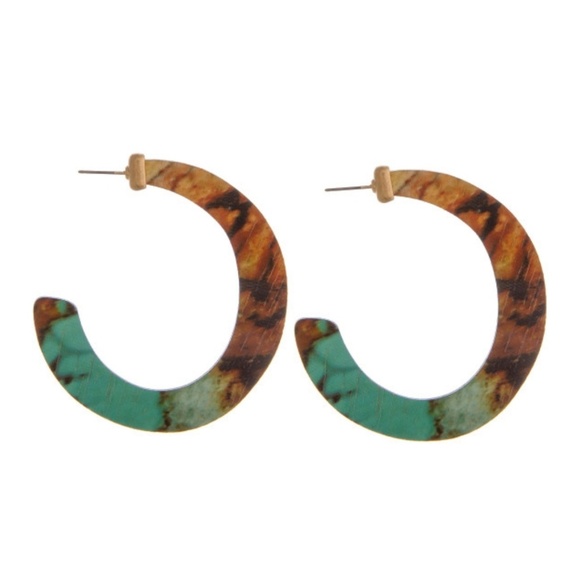 Wood hoop earrings brown and turquoise - Picture 2 of 2
